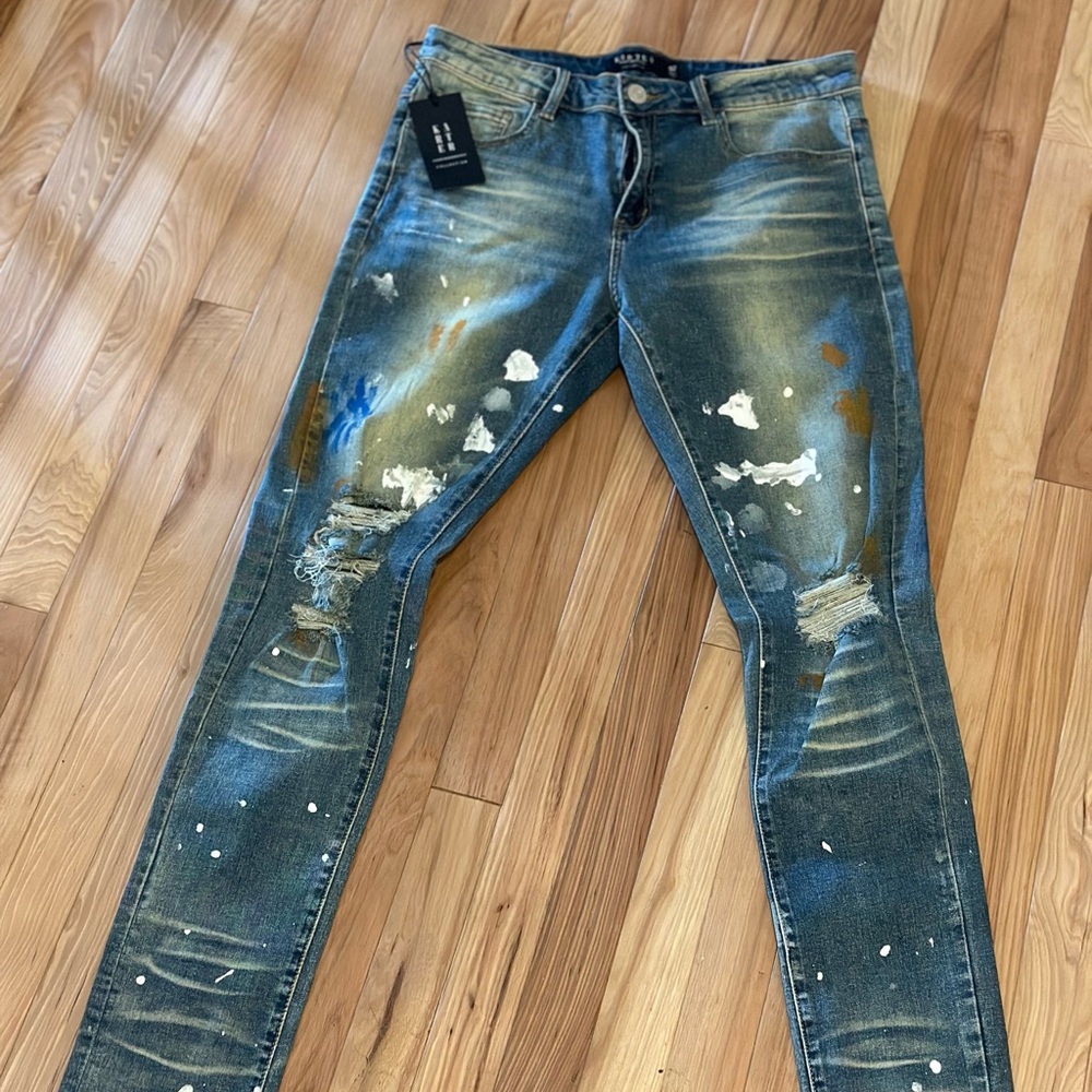 “Karter” Skinny Blue Distressed Jeans with Rips and Frayed Edges